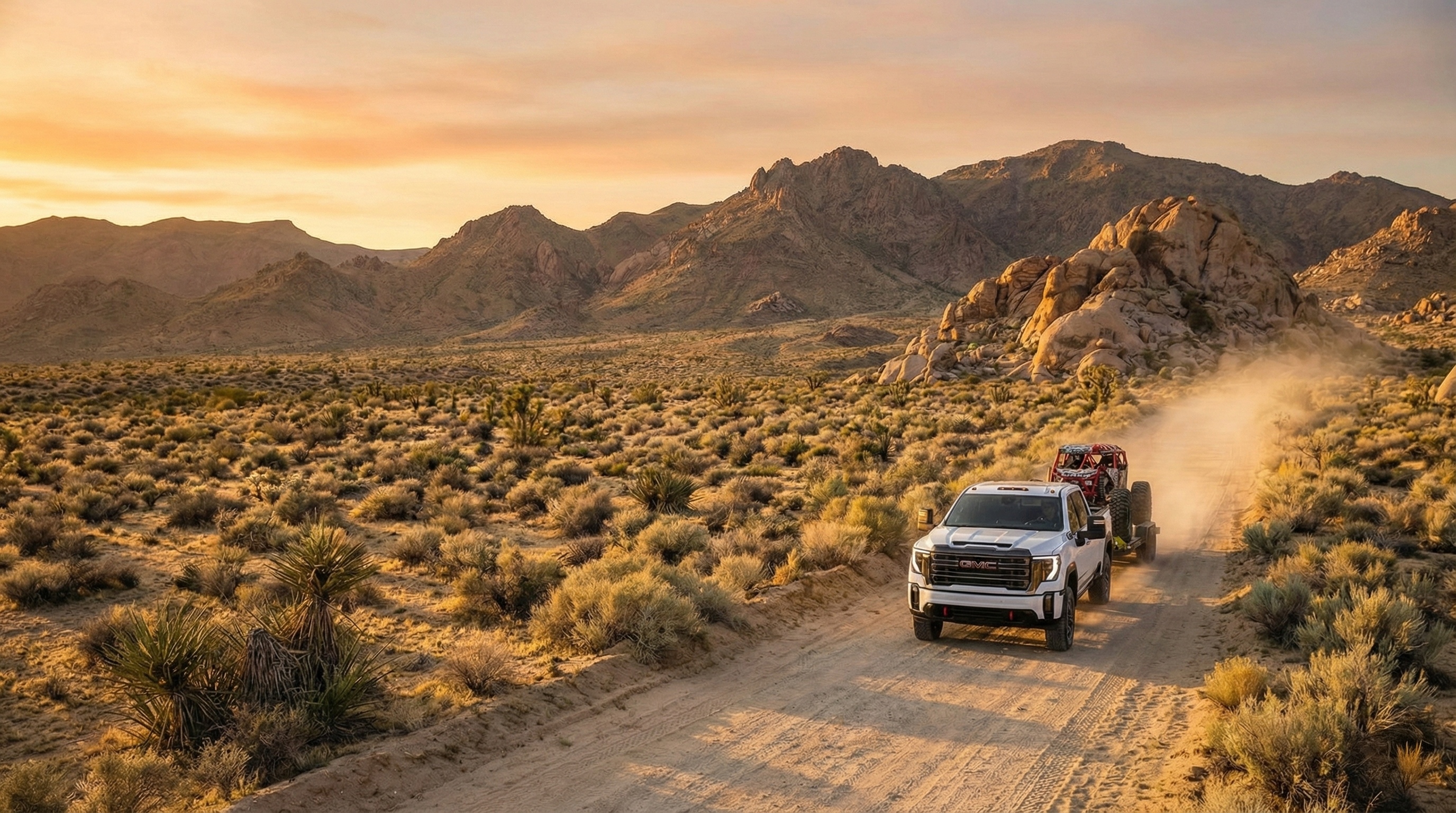 Truck towing equipment through desert